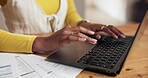 Hands, person and typing on laptop at house for research, finance report and budget planning. Woman, pc and documents for online banking, review expenses and mortgage payment of savings investment