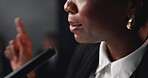 Speaker, podium and microphone with black woman at press conference for election, media debrief and speech. Campaign, congress and leader with mouth of person for candidate event and foreign policy