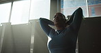Breathing, woman and stretching in gym, fitness or endurance for morning routine, exercise or active. Warm up, inhale and African person in health club, wellness and training on weekend or workout