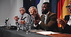 Group, politics and applause for press conference, international and economic agreement and success. Clapping, government or people with smile for global trade, flags and summit or diplomatic meeting