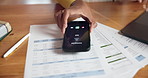 Hands, phone call and finance documents with laptop, typing and remote work from home office. Person, smartphone and accounting with paperwork, computer or check screen for notification at apartment 