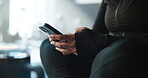 Fitness, woman and hands with phone at gym for texting, membership renewal or training break. Athlete, rest and person with smartphone at sports club for workout schedule or browsing exercise website