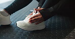 Hands, massage and foot pain in gym, hurt or discomfort of medical accident, health or joint strain. Workout, athlete and person with training injury, wellness and muscle tension in fitness center