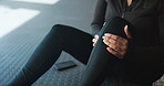Hands, massage and knee pain in gym, hurt or discomfort of medical accident, health or joint strain. Workout, athlete and person with training injury, wellness and muscle tension in fitness center
