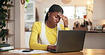 Black woman, laptop and headache with remote work from home with fatigue, vertigo and stress for deadline. Africa person, computer and migraine with pain, burnout and documents with glitch at house