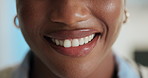 Smile, dentistry and mouth of black woman with hygiene, health and wellness for clean teeth. Happy, oral care and portrait of African female person with tooth whitening, grooming or treatment.