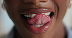 Woman, mouth and lick teeth for dental hygiene, whitening treatment results and cosmetic dentistry. Oral care, person and tongue on closeup for root planing, healthy gums and confidence for wellness