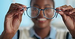Face, hands and black woman with glasses, optometry and prescription with clear vision. African person, closeup and professional in store, eyewear and healthcare with frames, check sight and testing