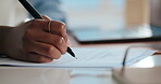 Hands, person and writing on document in office to sign contract, agreement and legal information. Woman, pen and filling paperwork for partnership, promotion letter and compliance for business deal