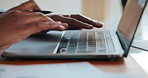 Hands, typing and woman on laptop fn home for copywriting, editing report and online article in office. Remote work, publisher and person on computer for writing blog, digital news story and research