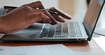 Hands, keyboard and woman on laptop for copywriting, editing report and online article in home. Remote work, publisher agency and person on computer for writing blog, digital news story and research