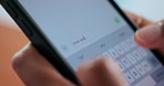 Phone screen, texting and hands of person with contact, communication or networking on mobile app. Technology, typing and cellphone with keyboard for online message, chatting or social media.