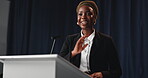 Speaker, podium and welcome with black woman at press conference for election, media debrief and speech. Campaign, congress and legislation with person for candidate event and foreign policy affair