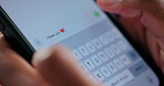Phone screen, texting and hands of person with networking, communication or contact on mobile app. Technology, typing and cellphone with keyboard and emojis for online message with social media.