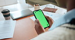 Hands, mobile and business person with green screen to check financial graphs in office. Phone, worker and digital display with data online, cost projection and investment analyst with mockup space