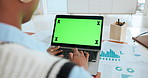 Green screen, hands or businesswoman typing with laptop for financial trading, risk analysis or data. Computer, analyst and display in office for stock market investment, kpi chart and mockup space