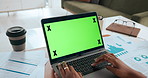 Green screen, hands or business woman with laptop for financial trading, risk analysis or data. Computer, analyst typing and display in office for stock market investment, kpi chart and mockup space