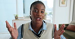 Video call, face and woman in home, chat or virtual interview for candidate, smile or hiring process. Happy, black person and communication for job opportunity, applicant and meeting for remote work