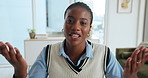 Video call, face and woman in home, communication or virtual interview for candidate, smile or chat. Talking, black person and happy for job opportunity, applicant or meeting for remote work in house
