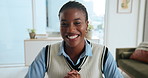 Video call, face and woman in home, smile or virtual interview for candidate, chat or hiring process. Happy, black person and communication for job opportunity, applicant and meeting for remote work