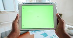 Green screen, hands and business person with tablet for financial trading, risk analysis or data. POV, analyst and tech with display in office for stock market investment, metrics or mockup space