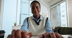 Face, business and black woman typing in office for copywriting, editing report and online article. Portrait, person and writing on pc for blog update, digital news story and research on publication
