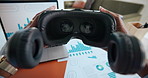 Finance, hands and vr headset with pov of person in office for review of data, graphs or statistics. Financial document, laptop and virtual reality with business employee at work for metaverse access