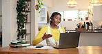Black woman, laptop and consultant with headset in home for online advice or customer service. Female person, agent or remote work with computer for telecommunications or virtual assistance in house