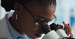 Black woman, microscope and scientist with medical test for experiment, analysis or lab innovation. Biology, science equipment and worker with research for biotechnology, study and cure development