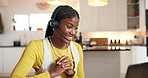 Happy, black woman and consultant with headset or laptop for online advice or customer service. Female person, agent or remote work with computer for telecommunications or virtual assistance in home