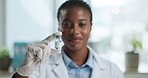Black woman, face and doctor hands with vial for cure, healthcare antibiotic or vaccine in hospital. Portrait, female person or medical serum with gloves or research sample for remedy or immunization