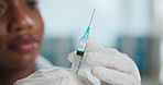 Syringe, hands and doctor with vaccine for healthcare, wellness or prepare medical treatment. Needle, woman and injection for virus prevention, protection and immunity with safety medicine in clinic