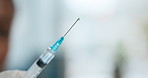 Injection, hand and doctor with vaccine for healthcare, wellness or medical treatment closeup. Syringe, person and needle for virus prevention, protection and immunity with safety medicine in clinic