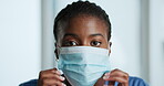 Face, black woman and nurse with mask at hospital for safety, healthcare ppe and virus control. Portrait, person and medical procedure for hygiene protocol, prevent infection and surgery preparation