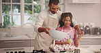 Dad, girl and happy for baking cupcakes in kitchen, care or learning for skills, dough or guide at home. People, father and daughter with teaching, dessert or helping hand for batter at family house