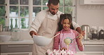 Home, baking and father in kitchen, girl and bonding together with smile, ingredients and learning. Apartment, family and dad with daughter, love and teaching with help, child development and recipe