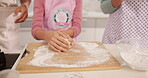 Hands, child and dough for baking in kitchen for learning, instructions and shape pastry for cookies. Parents, help and kid for dessert process, teaching recipe and prepare of handmade snack at house