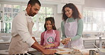 Parents, child and helping with baking in kitchen for learning, instructions and dough for cookies. Family, baker and kid for dessert process, teaching recipe and prepare for handmade snack at house
