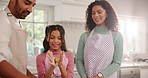 Parents, girl and cooking with dough in kitchen, happy and learning with skills, food or development at home. People, mother and daughter with father, smile and teaching for baking at family house