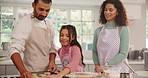 Parents, girl and ingredients for cookies in kitchen, skills and smile with help for baking at home. People, mother and daughter with father, happy or learning with biscuit dough in family house