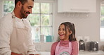 Happy, baking and father in kitchen, girl and bonding together with smile, ingredients and funny. Home, family and dad with daughter, skills and learning with help, child development and playful