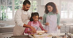 Parents, child and pin for baking in kitchen for learning, instructions and roll dough for cookies. Family, help and kid for dessert guidance, teaching recipe and prepare for handmade snack at house