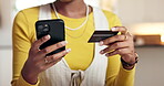 Hands, smartphone and credit card for payment for online subscription, streaming bill or ecommerce at home. Woman, internet shopping and fintech app for banking with debit transactions at house
