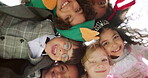 Face, children and costumes for Halloween, party or excited for spooky season, outdoor and together. Embrace, friends and smile for holiday celebration, kids and creative with characters or low angle