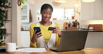 Black woman, phone and credit card for payment in house, bills and invoice documents for ecommerce. Laptop, fintech and mobile app for debit transaction, online purchase or finance budget at home