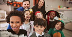 Selfie, halloween or group with parents, smile or bonding together with memory, imagine or fantasy. Profile picture, youth or man with woman, kids or friends in lounge, costume or home with diversity