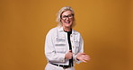 Mature, happy woman or face with applause for congratulations or achievement on a studio background. Portrait, female person or model clapping with smile for promotion or thank you on mockup space