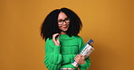 Face, student and woman with books, thinking and learning with higher education on yellow studio background. Portrait, space and person with knowledge, development and university with science or nerd