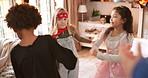 Group, children and dancing in costume at house for halloween party, celebration and spooky music. Kids, energy and moving rhythm for dress up contest, fun together and tradition of festive gathering