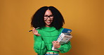 Face, student and woman with smile, books and knowledge with higher education on yellow studio background. Portrait, space and person with development, nerd and university with glasses and learning